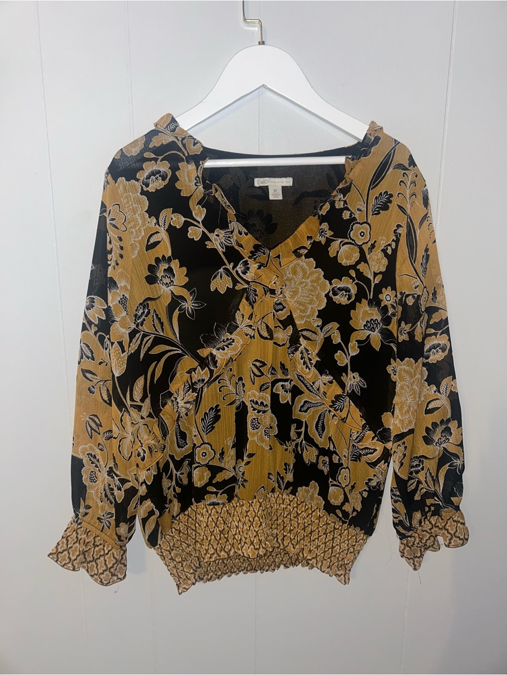 Cato Black and Mustard Floral V-Neck Smocked-Hem Blouse